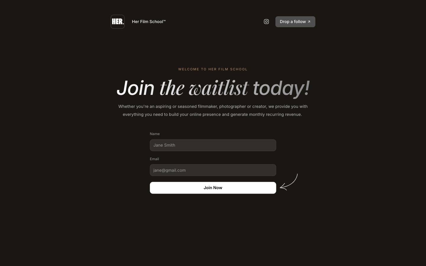 HER Filmschool — eredeti landing oldal screenshot