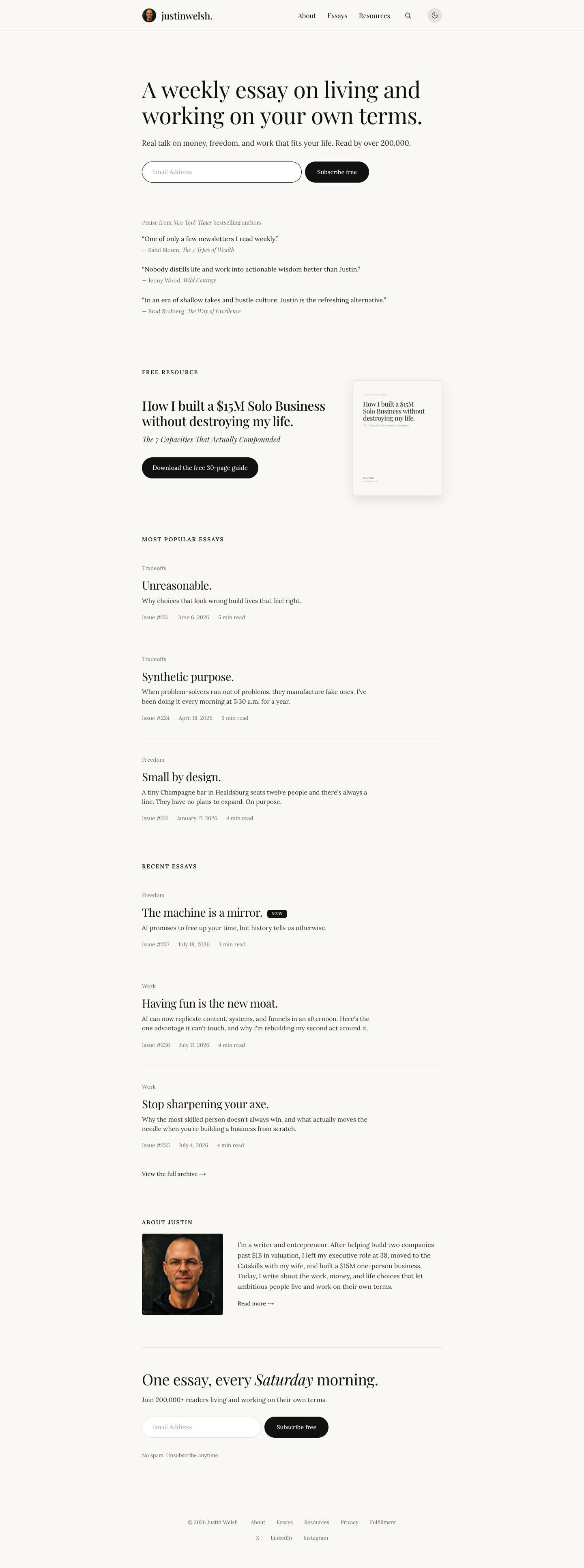 Justin Welsh — eredeti landing oldal screenshot