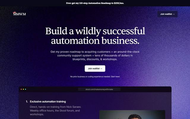 Nick Saraev — eredeti landing screenshot előnézet